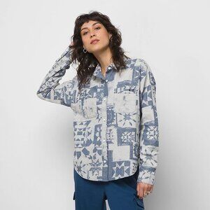 NWT Vans HOMESPUN LONG‎ SLEEVE WOVEN TOP in Ashley Blue Size XS